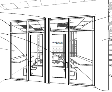 Architectural rendering of three study rooms.