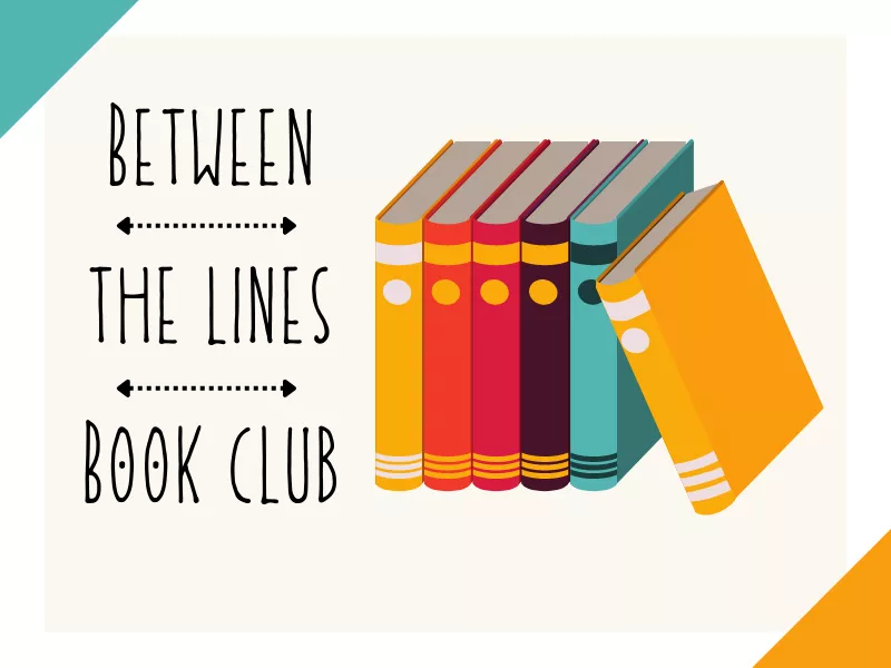 Between the Lines Book Club title with multi-colored stack of books