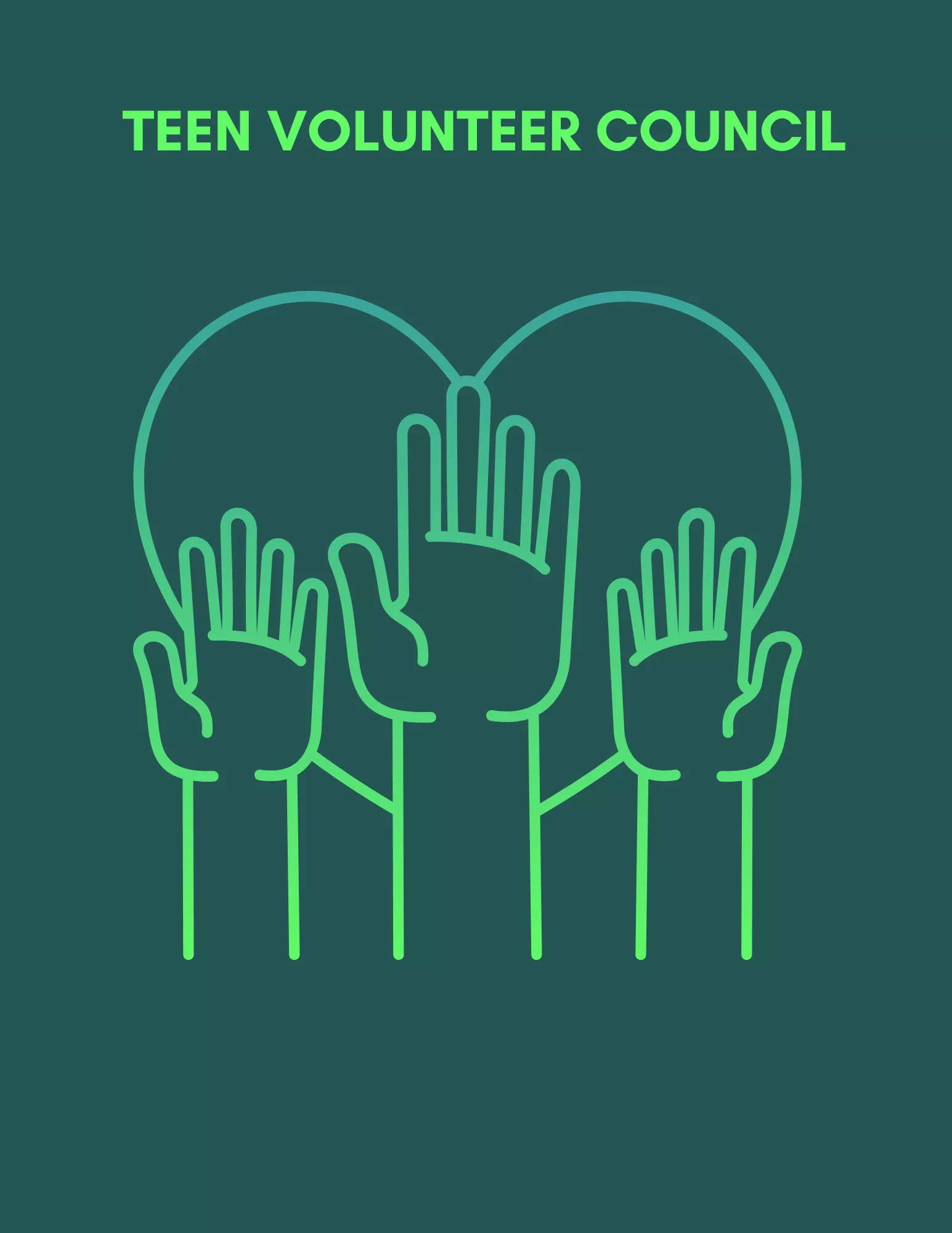 graphic with three raised hands in front of a heart and text saying &quot;Teen Volunteer Council&quot;